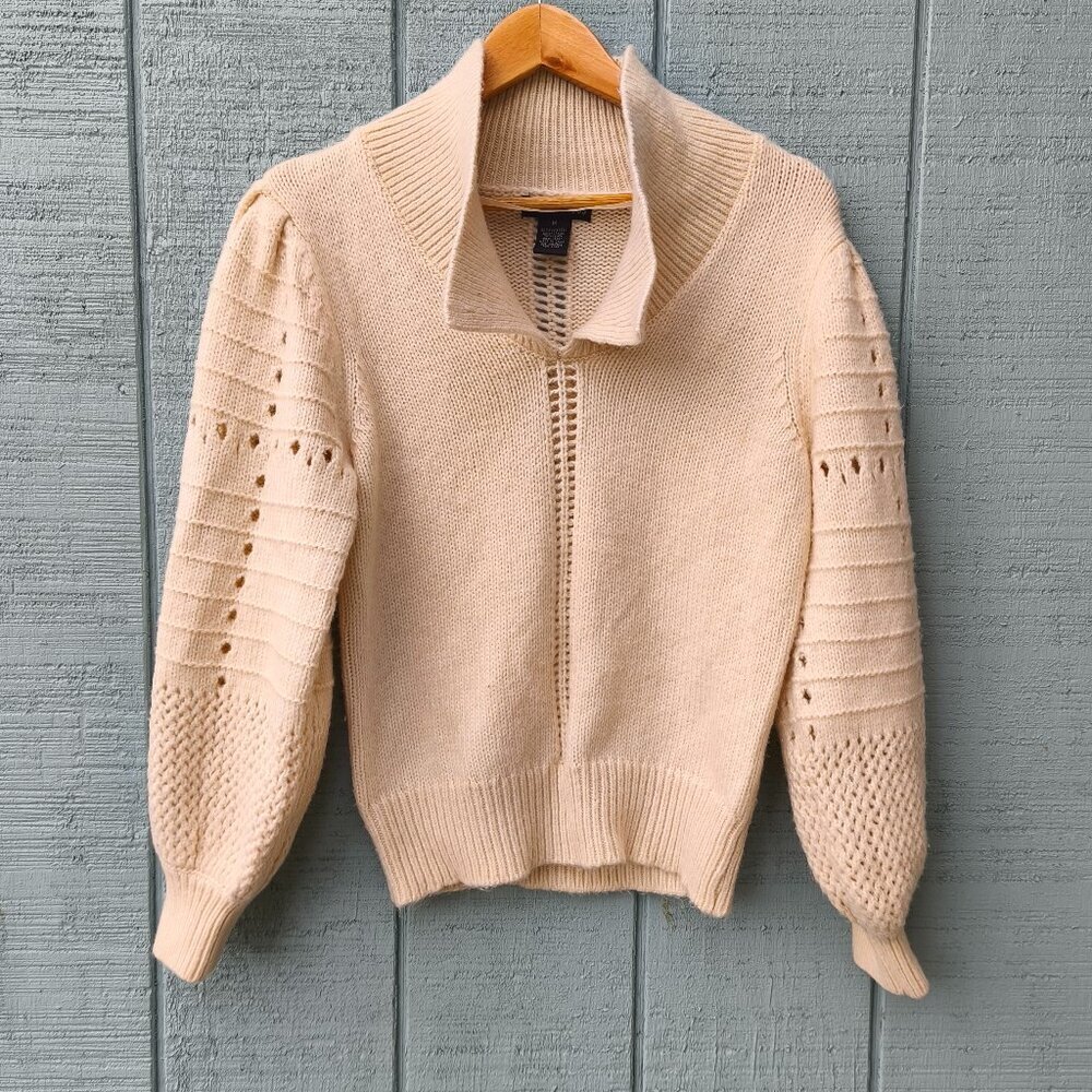 y2k Design 365 Chunky Knit Balloon Puff Sleeve Collared Sweater sz M Ivory